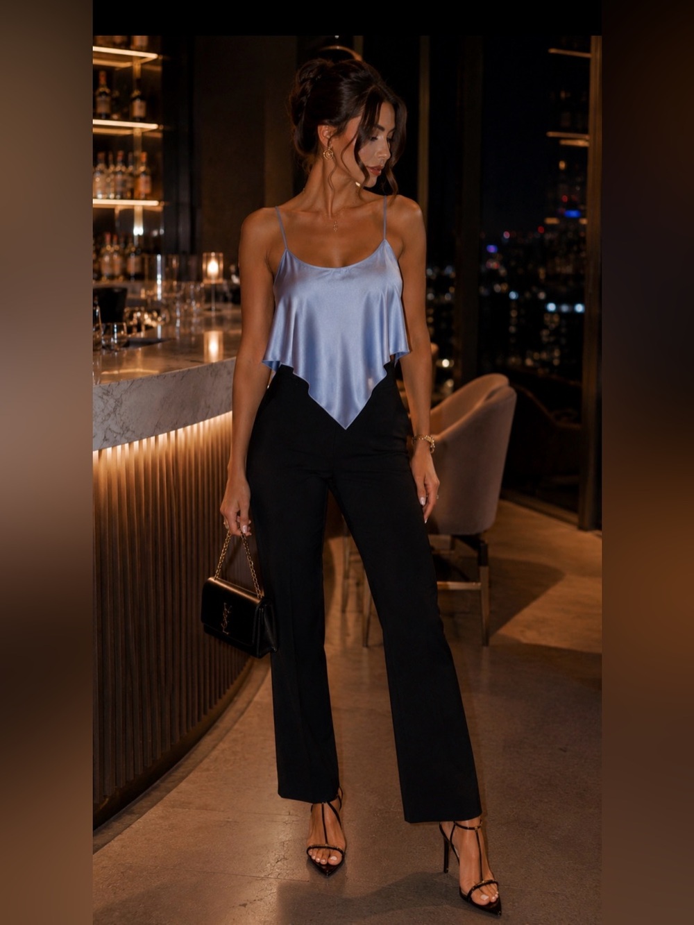 ✨BUNDLE✨ Joseph Ribkoff Black Stretch Pants + Satin Blue Cami Rich Girl